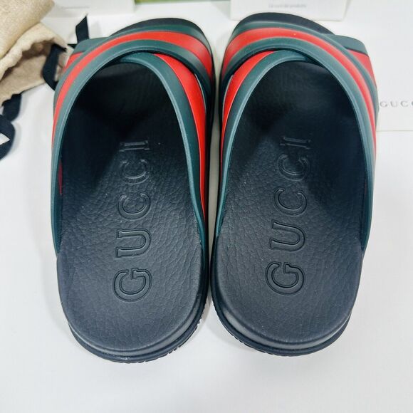 Gucci Agrado 37/ US 7 Rubber Web Slide Sandal Black Green Red Crisscross NIB - Picture 5 of 7